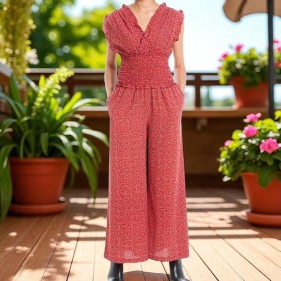 Max Studio L red wide leg smocked waist jumpsuit - Picture 8 of 8